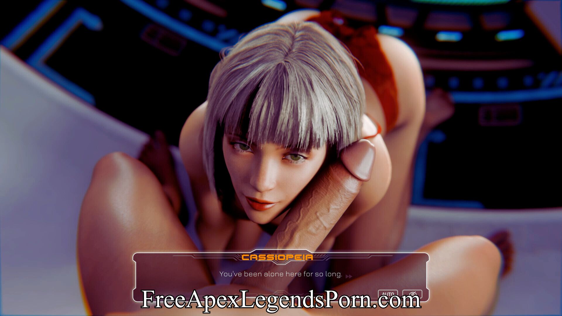 SEXSTELLAR gameplay screenshot with Cassiopeia in space station adult scene